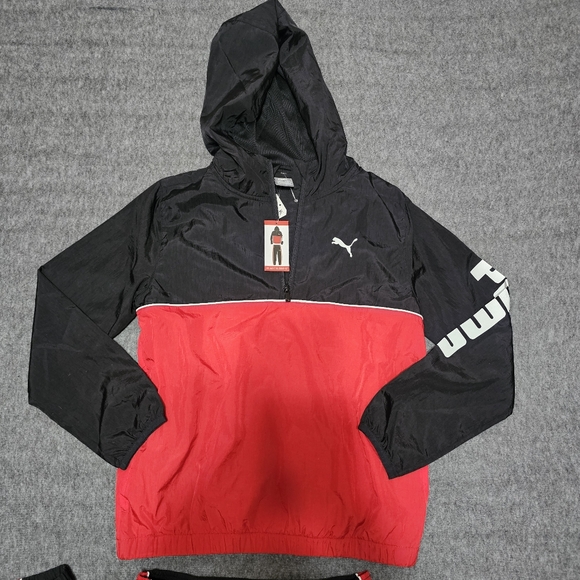 NWT PUMA Boys 2pc Tracksuit Jacket Joggers Black Red Set Size L 10/12 - Picture 2 of 15